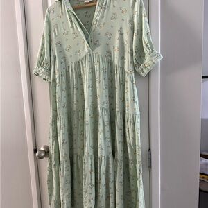 a.n.a Light Green tiered collared Floral Dress with pockets